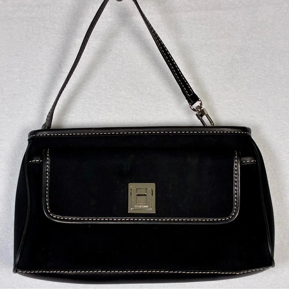 Vintage Y2K Cole Haan Fabric Leather Trim Black Evening Bag Silver Hardware